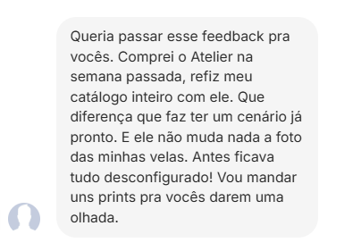 Depoimento real de cliente do Ateliê de Mockups